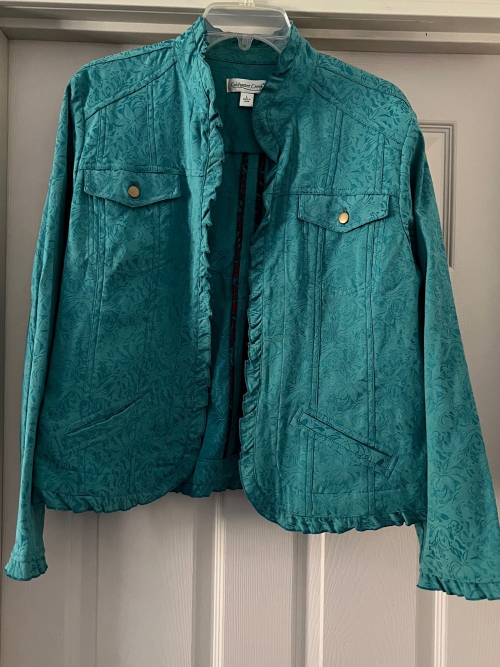 Coldwater Creek Teal Floral-Texture Jean Jacket size Large